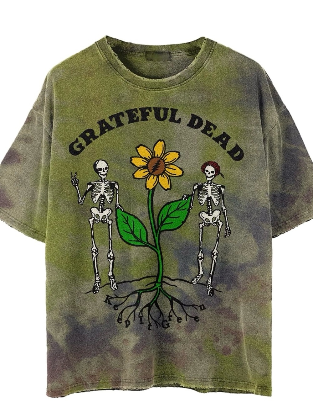 Grateful Dead Olive Tie-Dye Sunflower & Skeleton Graphic Tee